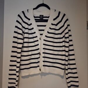 Striped V-Neck Button Cardigan Sweater - Black & White